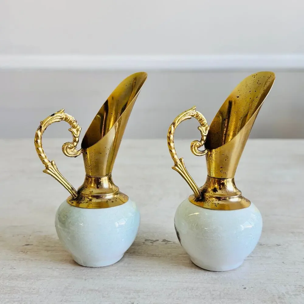 French Floral Ceramic Ewer Pair Gold Gilt Doré à l'Or Fin Made France